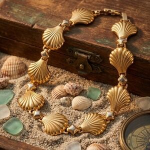 Vintage Signed AVON Scalloped Seashell Gold Tone Link Bracelet